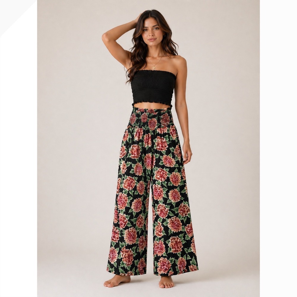 Hawaiian Tropical Wide Leg Boho Palazzo Pants Small Floral Indie Feminine Resort